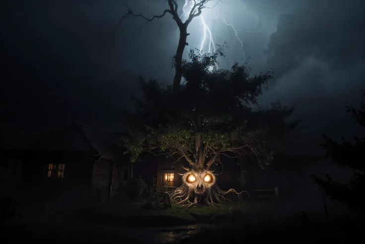 Radiant monster, Suspicious roots in background, Thunderstorm, FOV 90 degrees, Simple illustration, Side lighting, Primary Colors, HDR, designed by Modern Disney, <lora:deathia_yiu_v10:0.7> deathia, blurry, dimmed, lowkey, night, scary, horror, low quality, flashlight