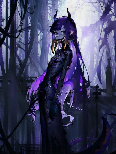 giger, lovecraft, monster, creature, <lora:hll-5-merged-lora:1>1girl, ninomae ina'nis, purple hair, long hair, blue eyes, skinny, flat chest, tentacles, tentacle hair, dress, masterpiece, best quality, <lora:deathia:1>, blurry, dimmed, lowkey, night, scary, horror, low quality, flashlight, monster