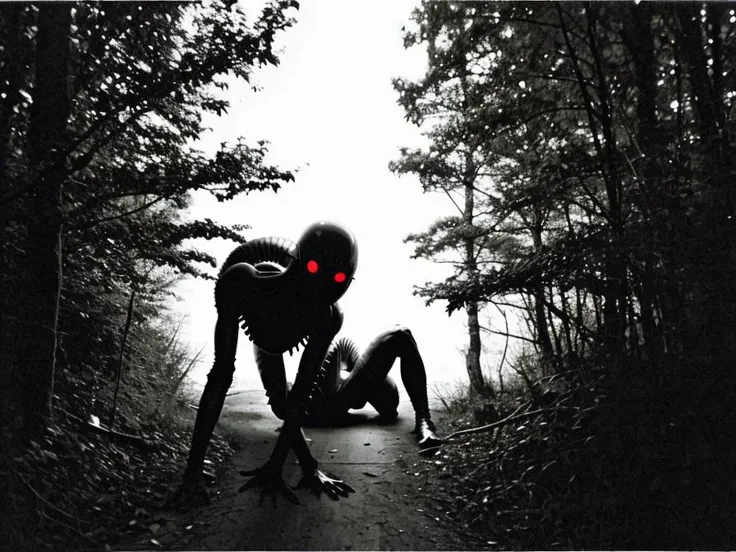 dramatic photo of a xenomorph  woman, night forest, road, crawling out of the bushes, glowing eyes, concept art by Minerva J. Chapman, deviantart, tachisme, crawling out of a dark room, deathia, blurry, dimmed, lowkey, night, scary, horror, low quality, flashlight, <lora:deathia_yiu_v20:0.7>,