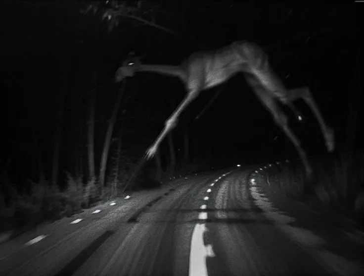 (dark shot:1.4), 80mm, deathia, blurry, a black and white photo of a monster person in the dark, motion blur, thick arms and legs, horror, night, dimmed, lowkey, grain, slenderman near the woods, viewed through the cars window, monster concept art, unknowingly walking over you, night camera, infernal nymph, trail camera, <lora:deathia_yiu_v10:0.7>, soft light, sharp, exposure blend, medium shot, bokeh, (hdr:1.4), high contrast, (cinematic, teal and orange:0.85), (muted colors, dim colors, soothing tones:1.3), low saturation, (hyperdetailed:1.2), (noir:0.4)