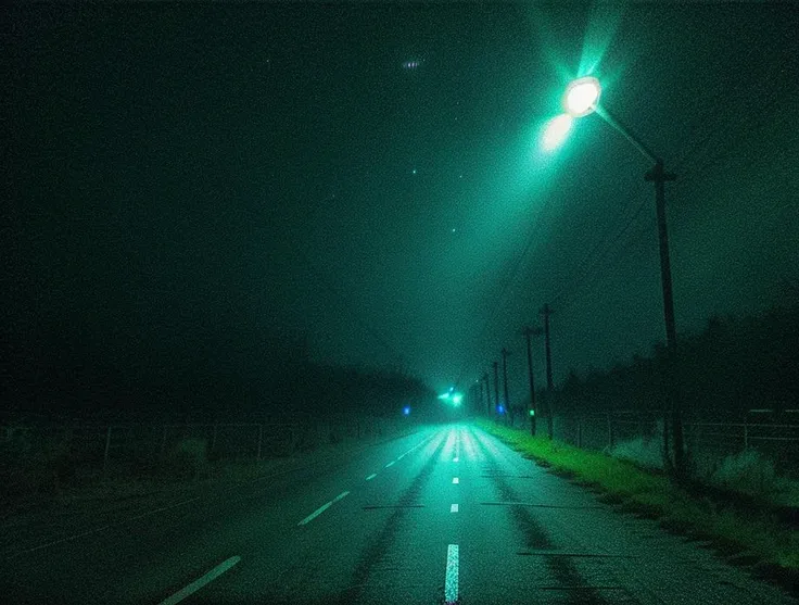 deathia, blurry, empty road, eerie shimmering surroundings, smartphone photo, howling at the moon, the scary empty liminal spaces, light above, (lowkey, flashlight, dimmed, night:1.4), <lora:deathia_yiu_v10:0.7>