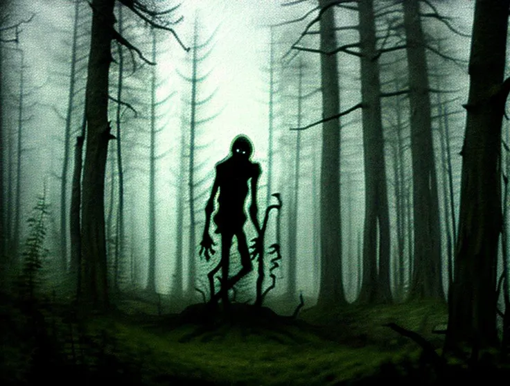 deathia, (blurry:1.3), a creepy looking creature standing in the middle of a forest, night time footage, nostalgia guy and small creature, realistic monster human, gondola, old humanoid ents, black depths, polycount, jerma, necromorph, (dimmed, lowkey, night:1.3), (flashlight:1.3), <lora:deathia_yiu_v10:0.7>