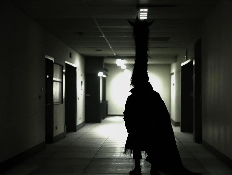 deathia, blurry, night, black background, from the dark, flashlight, a monster with long neck walking down a dark hallway at night, wearing a hospital gown, gooseman, very realistic effect, crawling towards the camera, monster design, hyper-realistic, blooodborne, mutahar laughing, hospital interior, looks directly at camera, shot on smartphone, werecrow, sectoid, sam, <lora:deathia_yiu_v10:0.7>