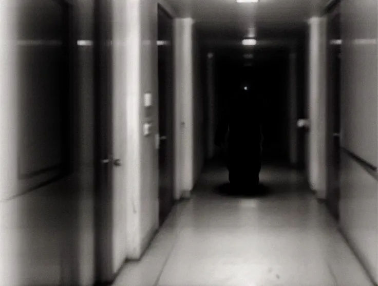 horror, grain, a blurry dark creepy monster walking down a dark hallway, fade, (out of the dark:1.3), flashlight, (shot on a smartphone:1.3), white outline, standing in an alleyway, creepy, night, lowkey, dimmed, laughing man, a creature 5 meters tall, three - point perspective, super realistic photo, soft blur lighting, sewers, <lora:deathia_yiu_v10:0.8>