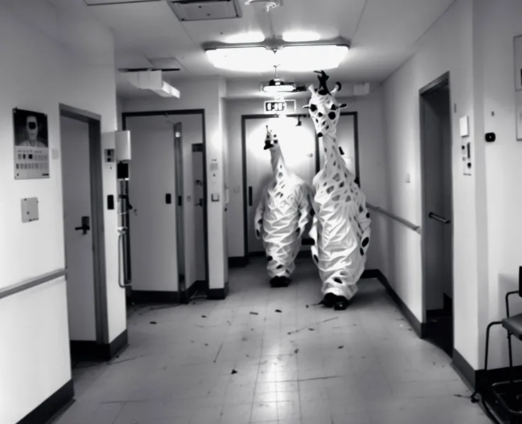 there is a giraffe that is standing in the dark, hospital interior, running towards the camera, necromorph, looks directly at camera, true realistic image, an angel standing still, beholder, sentient bird, by Anson Maddocks, 5 feet away, long neck, hospital ward, nightvision, he is sad, by NMami, hallway, ugly, horror, scary,<lora:Deathia_yiu_v20:0.7>, (deathia:1.3), noise, jpg artifacts