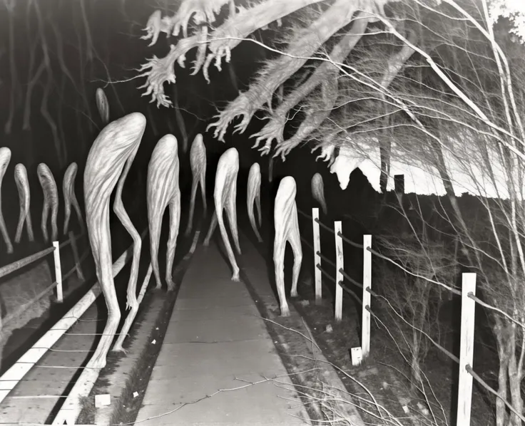 a close up of a fence with a bunch of creepy looking objects, concept art by D. Howard Hitchcock, cgsociety, sots art, dark figures walking, photo of scp-173, the void people, <lora:deathia_yiu_v20:0.9>, blurry, low quality, sepia, noir, noise