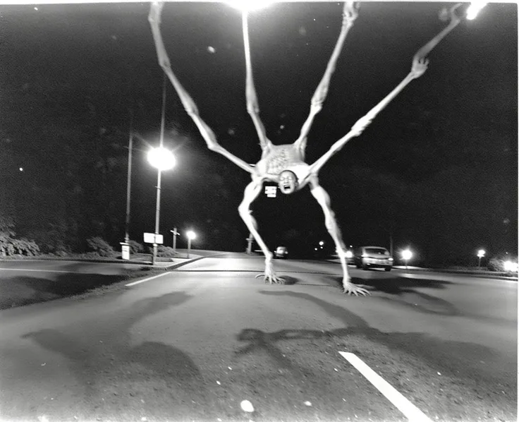 arafed spider in the dark with a light on, concept art by Minerva J. Chapman, cgsociety, massurrealism, real photograph on the street, skinwalker, photo taken at night, <lora:Deathia_yiu_v20:0.7>, blurry, low quality, sepia, noir, noise