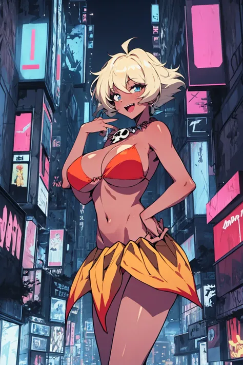 masterpiece, best quality, 1girl, mii, blonde hair, short hair, blue eyes, necklace, dark skin, bikini, large breasts, upper body, open mouth, smile, hand on hip, smile, full body, standing, contrapposto, looking at viewer, cyberpunk, solo, neon light, night, cyberpunk city background
<lora:Mii:1>