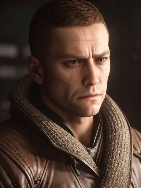 wolfensteinblazko wearing a leather coat standing in a room with a serious look on his face, ultra realistic, realistic skin details, wallpaper, intricate, sharp focus, ray tracing, rtx, professionally color graded, professional photography, masterpiece, ultra detailed, high quality, best quality, 4k, 8k, raw <lora:wolfensteinblazko:0.6> <lora:add_detail:0.15>