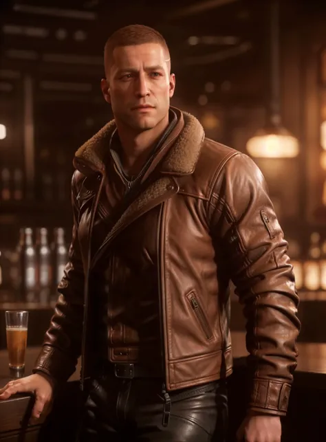 wolfensteinblazko wearing a leather coat standing in a bar, ultra realistic, realistic skin details, wallpaper, intricate, sharp focus, ray tracing, rtx, professionally color graded, professional photography, masterpiece, ultra detailed, high quality, best quality, 4k, 8k, raw <lora:wolfensteinblazko:0.5> <lora:add_detail:0.1>