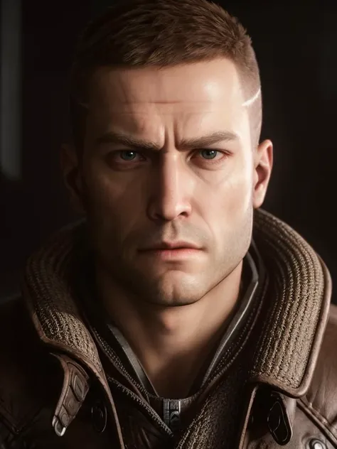 wolfensteinblazko wearing a leather coat standing in a room with a serious look on his face, ultra realistic, realistic skin details, ultra sharp, wallpaper, intricate, sharp focus, ray tracing, rtx, professionally color graded, professional photography, masterpiece, ultra detailed, high quality, best quality, 4k, 8k, raw <lora:wolfensteinblazko:0.6> <lora:add_detail:0.15>