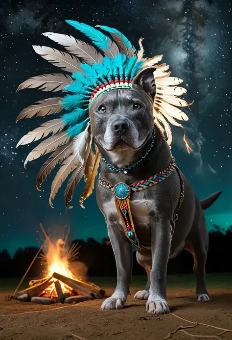 A Gray Pitbull Dog wearing a native American Indian costume with a turquoise breastplate and a large feather headdress, dancing around powwow fire at night with tipis in background, moon and stars in night sky <lora:Gray Pitbull Dog:1>, Chinese ink brush art style, graceful brushwork, elegant compositions, traditional motifs, professional-grade execution, captures the essence of Chinese culture and aesthetics