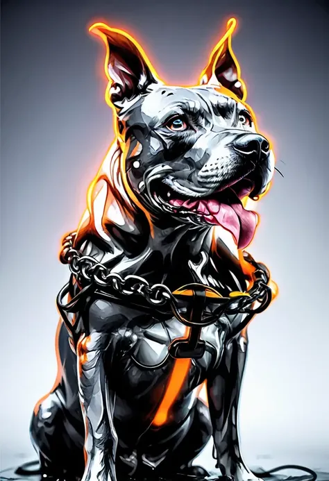 Gray Pitbull Dog with orange hair, pixie haircut, leather collar, (hyper detailed face), (cyberpunk background), (dark), (neon lights), (oiled skin, wet) solo focus, 43stl1ght1ng, low light, dramatic lighting, darkness, eye lighting , water, , neon, red light, reflection, gloom  <lora:Gray Pitbull Dog:1>
 <lora:Gloom:0.5> <lora:iris-xl:0.2>