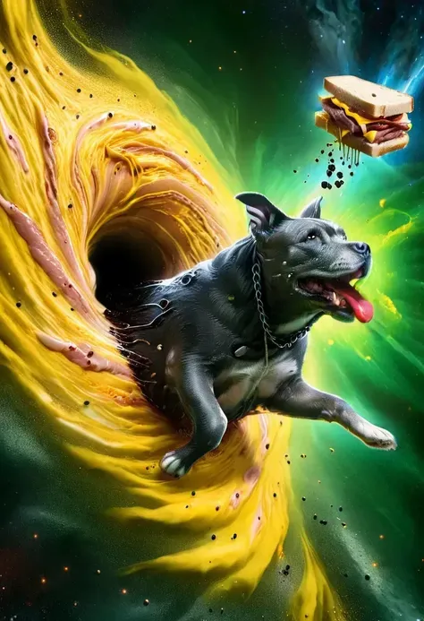 a screaming laying (Gray Pitbull Dog:1.1) being sucked into a yellow fral-blackhole while glaring at a (ham sandwich:1.1), in the style of v5lcn over a green (Rick and Morty) background <lora:Gray Pitbull Dog:1.2> <lora:ral-blackhole:1> <lora:v5lcnXL-000004:1>