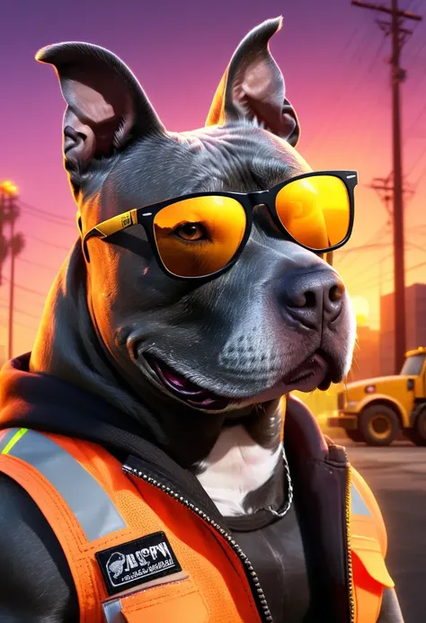 high quality professional GTA5 Style cartoon portrait of a Gray Pitbull wearing a construction worker costume with (black Rayban Wayfarer shades:1.1), cinematic neon glow lighting, art by Stephen Bliss <lora:Gray Pitbull Dog:1>