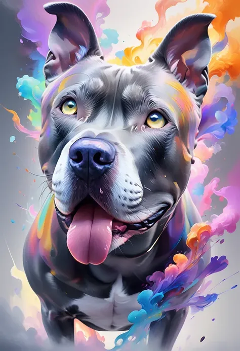 (((masterpiece))), ((ultra-detailed)), Abstract style cute, smoke, in the sky, colorful and vibrant, mystical colors, contemporary impressionism, yanjun cheng portrait painting, iridescent perspective view ,low angle, sweeping circling composition, large beautiful crystal eyes, big irises, UHD, HDR, 8K, the most beautiful portrait in the world, Gray Pitbull, Non-representational, colors and shapes, expression of feelings, imaginative <lora:Gray Pitbull Dog:1>