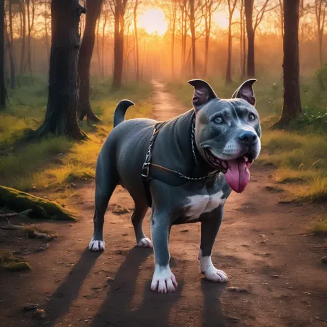 Gray Pitbull Dog walking through an enchanted forest with wild trees, vivid multi color landscape, epic sunset in the distance, cinematic lighting, insane detail, high resolution, award winning photography <lora:Gray Pitbull Dog:1>