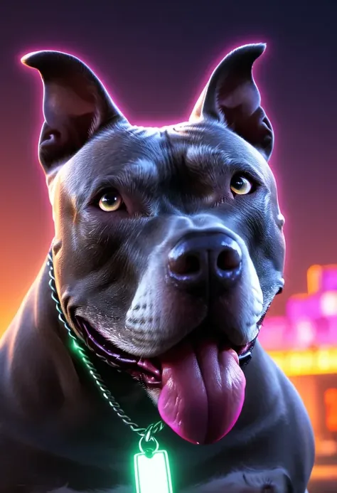 high quality professional GTA5 Style cartoon portrait of Gray Pitbull, cinematic neon glow lighting, art by Stephen Bliss <lora:Gray Pitbull Dog:1>