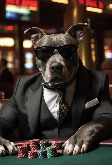 Gray Pitbull Dog playing poker in a casino wearing black wayfarer Rayban sunglasses, Cinematic, award winning, art by Cassius Marcellus Coolidge <lora:Gray Pitbull Dog:0.55>