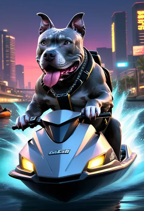 high quality professional GTA5 Style cartoon illustration of a serious Gray Pitbull Dog riding a jet ski with a machine gun strapped to his back, cinematic neon glow lighting, moonlit water scene in the city the background, art by Stephen Bliss <lora:Gray Pitbull Dog:1>