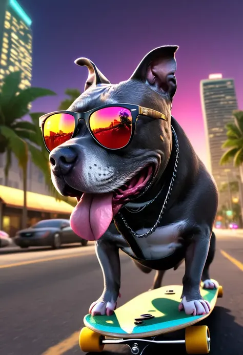 high quality professional GTA5 Vice city Style cartoon portrait of a chunky Gray Pitbull wearing a skateboarding down a tropical city street with (black Rayban Wayfarer shades:1.1), cinematic neon glow, depth of field, volumetric lighting, (fisheye lens:1.3), art by Stephen Bliss <lora:Gray Pitbull Dog:1.2>