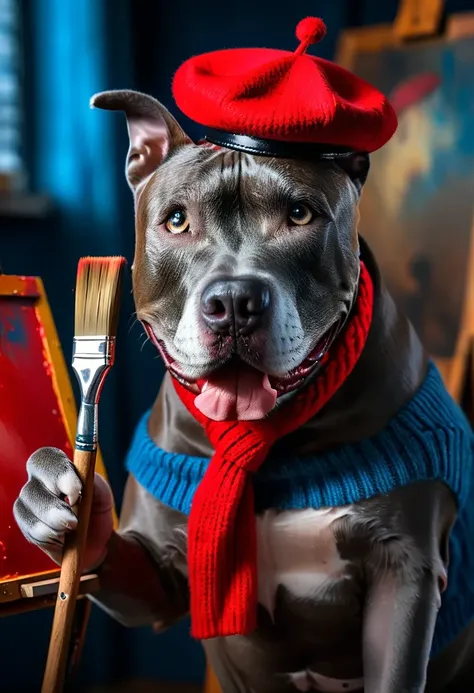 high quality, front facing professional portrait photo of a happy Gray Pitbull looking at viewer, wearing a red French beret, blue sweater, and holding a paintbrush on a painters easel, vivid reflections, ultra detailed, insane texture, HDR, focus stacking, soft bokeh, 8K, award winning studio photography, (dark rim lighting:1.2), range smokey glow background, cinematic, vignette <lora:Gray Pitbull Dog:1>  <lora:MJ52:0.4>