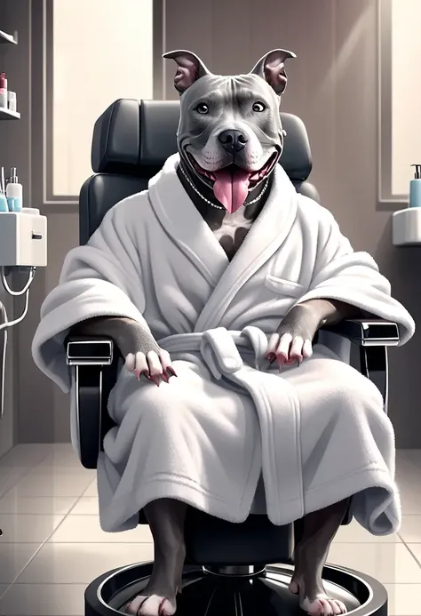 cinematic film still concept art a smiling Gray Pitbull wearing a bath robe while sitting in a nail spa salon chair, (wearing perm cap:1.2), Korean women manicuring his paws and nails <lora:Gray Pitbull Dog:1>