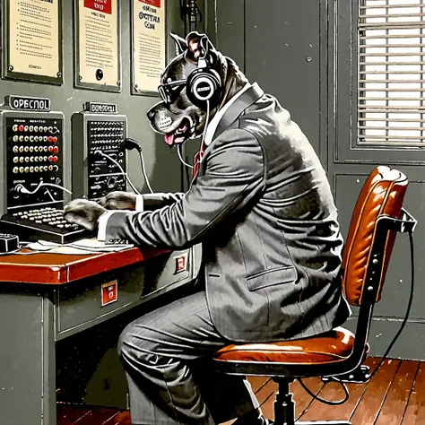 vintage painting of a side rear view Gray Pitbull Dog wearing nerdy glasses and headphones sitting on a retro looking chair in a operator control room, punching wires into a switchboard on wall, sign on desk with the text "OPERATOR", insane details, high resolution, award winning composition, art by Norman Rockwell <lora:Gray Pitbull Dog:1>