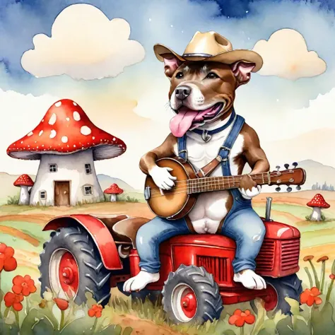 Gray Pitbull Dog farmer playing a (banjo:1.1) while sitting on a red tractor on a mushroom farm wearing a large cowboy hat and jean suspenders <lora:Gray Pitbull Dog:1>, Cartoon watercolor painting style, playful cartoon character, dynamic composition, whimsical expression, soft and fluid texture, adds charm and personality, subtle gradients and blending, captures light and atmosphere, creates soft and dreamy scenes, watercolor texture