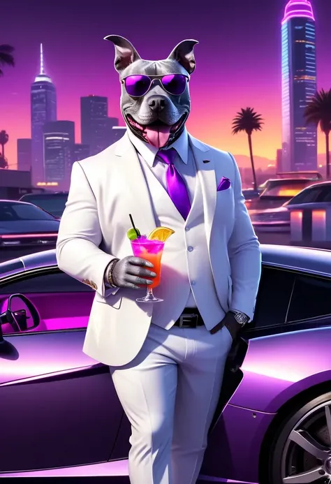 high quality professional GTA5 Style cartoon illustration of a overweight smiling Gray Pitbull Dog in a white suit and wayfarer sunglasses leaning against a black Lamborghini with a fruity cocktail drink in his paw, cinematic neon purple glow lighting, topical city landscape background, art by Stephen Bliss <lora:Gray Pitbull Dog:1>