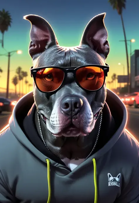 high quality professional GTA5 Style cartoon portrait of Gray Pitbull wearing Rayban Wayfarer shades and  a hooded sweatshirt, cinematic neon glow lighting, art by Stephen Bliss <lora:Gray Pitbull Dog:1>