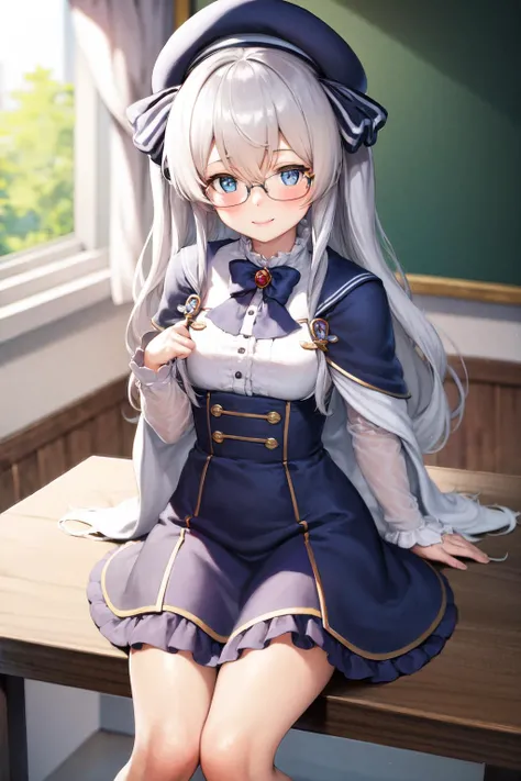 masterpiece, best quality, highres, 1girl, celia claire, white capelet, beret, glasses, smile, classroom <lora:celia_claire2:1>