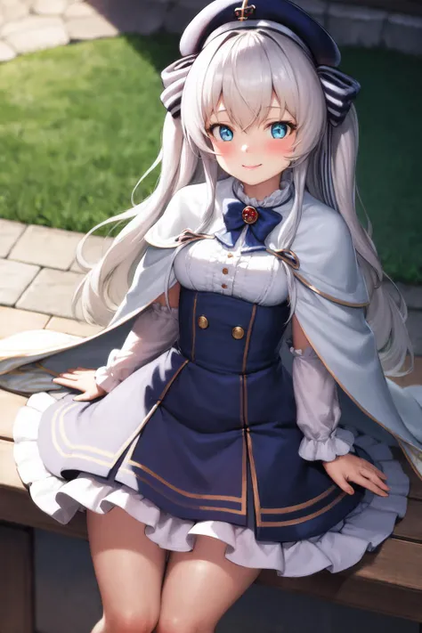 masterpiece, best quality, highres, 1girl, celia claire, white capelet, smile <lora:celia_claire2:1>