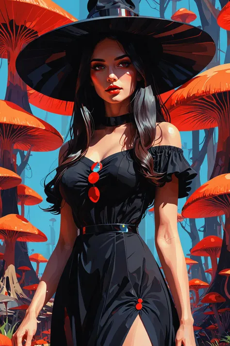 blobitecture aesthetic psychedelic mushrooms, score_4_up, almost vintage feel while maintaining a touch of modernity through the digital rendering., wpap, harsh sunlight, a witch with long dark hair stands confidently. she is adorned in a black dress that contrasts with her fiery red eyes . organic shapes, blobby, futuristic, smooth surfaces