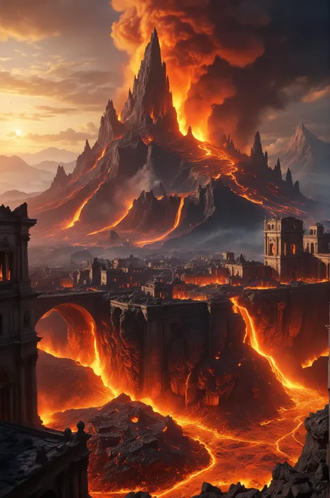 Professional lava landscape everywhere, (eternal city:1.1), best quality, masterpiece, 4k, 8k, realistic, professional photo, award winning, golden ratio, vivid colors, detailed, high details, attention to details, High Fantasy Realms, fantasy, beautiful, best colors, high contrast, fire everywhere, destroyed buildings