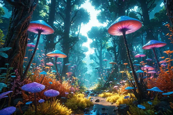 colorful psychedelic alien forest, with translucent plants and fluid going through the stems, Pixar, Disney, raw photo, 8k uhd, film grain, unreal engine 5, ray tracing, faded photo , 4k, ultra hd, (masterpiece:1.2)
