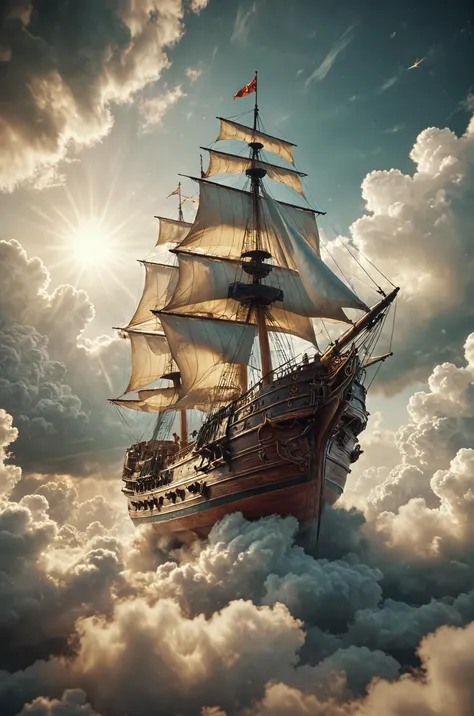 movie still,angelic ship,divine ship,serene,sailing on clouds,majestic,white ship,flying in the sky,intricate detail, old times, 16k, digital art, artstation, cinematic lighting, vivid, professional 3d model analog film photo, faded film, desaturated, 35mm photo, grainy, vignette, vintage, Kodachrome, Lomography, stained, highly detailed, found footage . octane render, highly detailed, volumetric, dramatic lighting