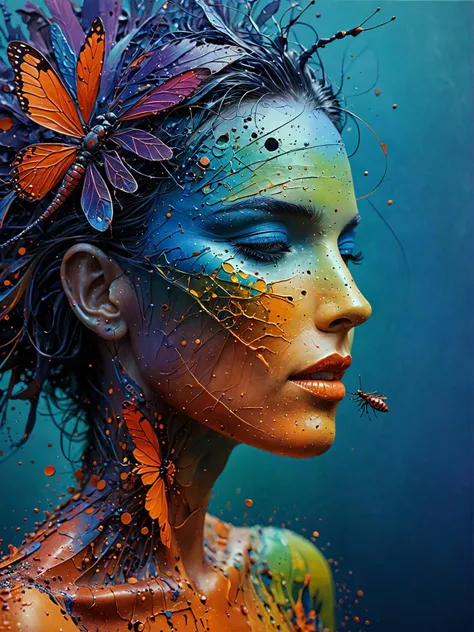 color field style whispering woman with insect skin . large areas of solid color, abstract, highly detailed