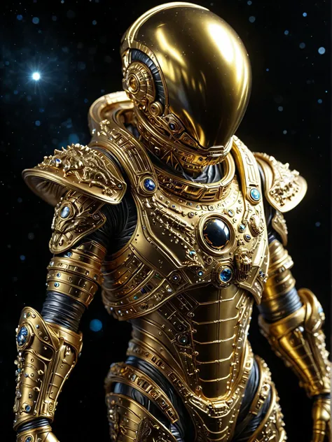 alien themed golden astronaut in space suit . extraterrestrial, cosmic, otherworldly, mysterious, sci fi, highly detailed