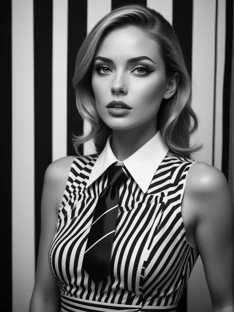 pop art style arafed woman with a black and white striped dress and a neck tie, stunning lines, bold contour lines, high contrast black and white, black and white. high contrast, black & white photo, gorgeous woman, sleek black and white, black and white colors, black and white, black and white artistic photo, black and white photo, jaw dropping beauty . bright colors, bold outlines, popular culture themes, ironic or kitsch