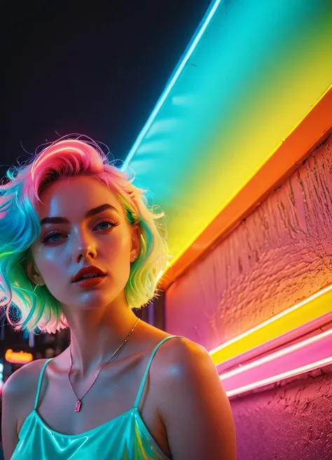 Ombre color scheme of neon pink, neon blue, neon yellow, neon green, neon orange, vaporwave style anime artwork, grand photograph, Polaroid, annoyed 25-year-old woman, neon glowing hair, canon 5d mark 4, neon light, Kodak ektar, aexcited expression, pastel colors, curved lines, elaborate detail, (art by j.c. leyendecker:1.1) vibrant, neon colors, vintage 80s and 90s style, highly detailed <lora:sss:0.8>  <lora:add-detail-xl:1> <lora:Channel_42:0.8> Channel_42, subsurface scattering, Photorealistic, Hyperrealistic, analog style, realistic, film photography, soft lighting, heavy shadow