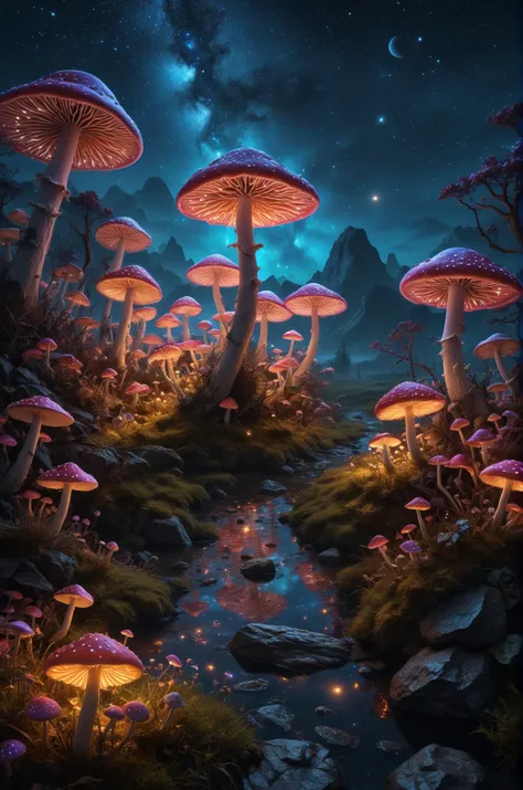 Professional night landscape with (fluorescent mushrooms:1.3) everywhere, best quality, masterpiece, 4k, 8k, realistic, professional photo, award winning, golden ratio, vivid colors, detailed, high details, attention to details, High Fantasy Realms, fantasy, beautiful, best colors, high contrast, (planets on sky:1.2)