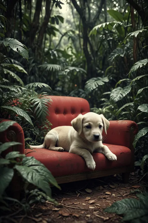 heartbroken puppy,red sofa, in the jungle,faded film, desaturated, 35mm photo, grainy, vignette, vintage, Kodachrome, Lomography, stained, highly detailed, found footage . octane render, highly detailed, volumetric, dramatic lighting
