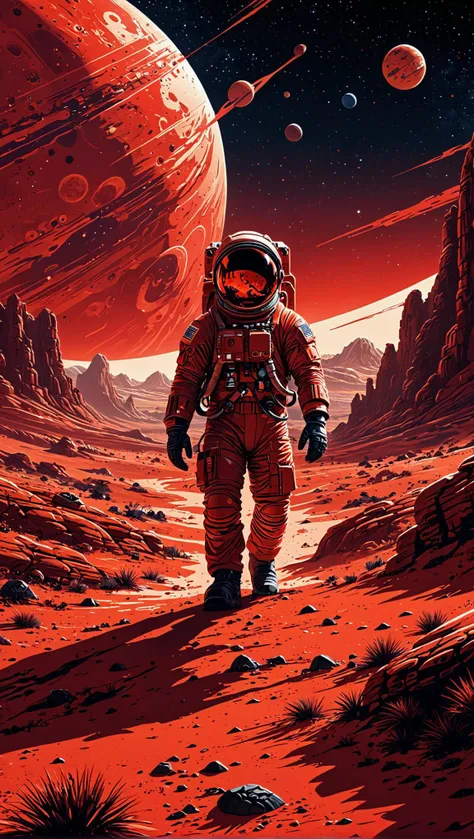 astronaut walking on a red planet with a red planet in the background, poster art inspired by dan mumford, featured on behance, space art, in the style dan mumford artwork, in the art style of dan mumford, sci fi illustration, (art by darwyn cooke)