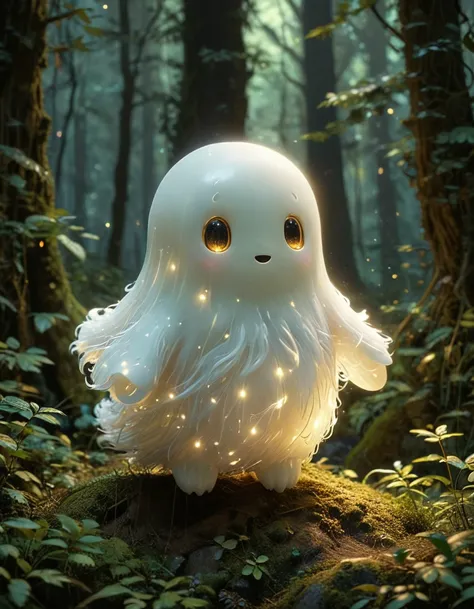 Character art by Studio Ghibli, a little ghost with big glowing eyes floating in a dark forest. Its fur is made of shiny gold and glows with an otherworldly light. But this is no ordinary ghost-shaped thing. It's so small that it seems to emit a soft, ethereal light. , whimsical, imaginative, heartwarming