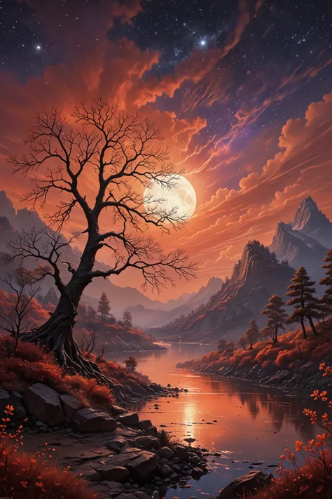 the image presents a surrealistic landscape scene. dominating the background is a large mountain, adorned with a red orange hue that transitions into deep orange and brown hues near the peak. the mountain's top is capped with a red light, adding an eerie glow to the scene. in the foreground, there's a tree with gnarled branches reaching out towards the sky, reminiscent of a bony hand. this tree appears to be made of black lines against a backdrop of red orange clouds. above, the night sky is visible, with the moon casting a soft white light. despite being set at night, the colors and lighting give the scene a dreamy and ethereal quality., romantic impressionism, dream scenery art, beautiful oil matte painting, romantic, style of thomas kinkade, beautiful digital painting, anime landscape, romantic painting, thomas kinkade style painting, dreamlike digital painting, colorful painting, beautiful gorgeous digital art, style thomas kinkade