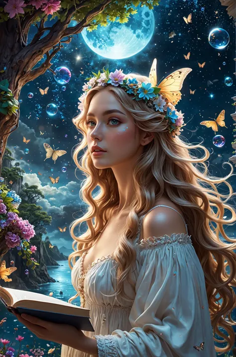 (high quality:1.4), (best quality:1.4), (masterpiece:1.4), official art, official wallpaper, surreal, beautifulgoddess, (1woman:1.1), (long wavy hair:1.1), (flower crown:1.1), (mystical creatures:1.1), (floating islands:1.1), (detailed landscape:1.1), (magic in the air:1.1), (stardust:1.1), night sky, (whimsical atmosphere:1.1), (dreamlike world:1.1), (bubbles:1.1), flying books, (luna moths:1.1), (moonlight:1.1), enchanted forest, (wisdom:1.1), (powerful energy:1.1), (guardian angels:1.1), (peaceful:1.1), vibrant colors, (detailed:1.05), (extremely detailed:1.06), sharp focus, (intricate:1.03), cinematic lighting, (extremely intricate:1.04), (epic scenery:1.09), vibrant colors, (beautiful scenery:1.08), (detailed scenery:1.08), (intricate scenery:1.07), (wonderful scenery:1.05),, (sharp focus,absurdres,high quality,masterpiece,highres,best quality:1.5)