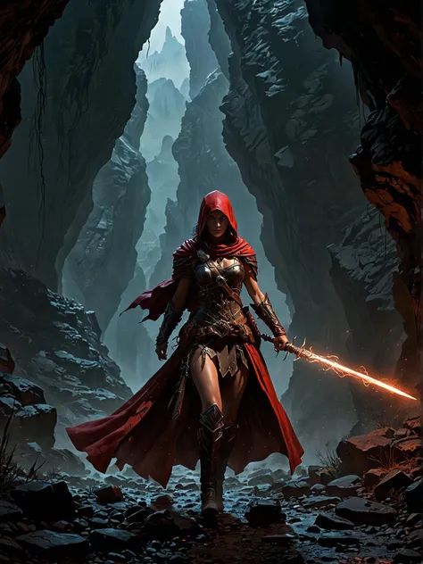 western film style in the dimly lit caverns of middle earth, a lone figure cloaked in a vibrant red hood strides with purpose. her eyes, glowing with an eerie light, reflect her determination and resolve. a fiery torch held firmly in her hand casts flickering shadows around her, highlighting her formidable presence. with each step she takes, the rocky ground beneath her feet echoes her determination to vanquish the darkness that surrounds her. she is a warrior, a hero, and the sole guardian against the forces of evil. . wide open landscapes, cowboy characters, frontier justice, dramatic showdowns
