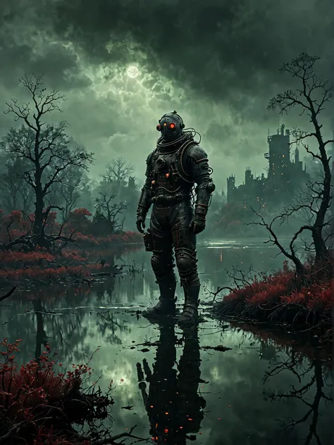 a lone figure in a rusted, old fashioned diving suit stands at the edge of a vast, dark lake, surrounded by twisted, gnarled trees that seem to writhe like living serpents. the sky above is a deep, foreboding crimson, with clouds that appear to be made of some strange, glowing mist. in the distance, a faint outline of an abandoned, industrial cityscape rises from the water's surface, its crumbling spires and towers shrouded in an eerie, greenish fog., realistic, ink splashes, rough ink sketch, moody, gloomy, dark picture, high contrast, stylized.