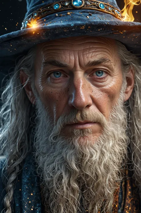 hyperrealistic glamour portrait of an old weary wizard surrounded by elemental magic, arcane, freckles, skin pores, pores, velus hair, macro, extreme details, looking at viewer